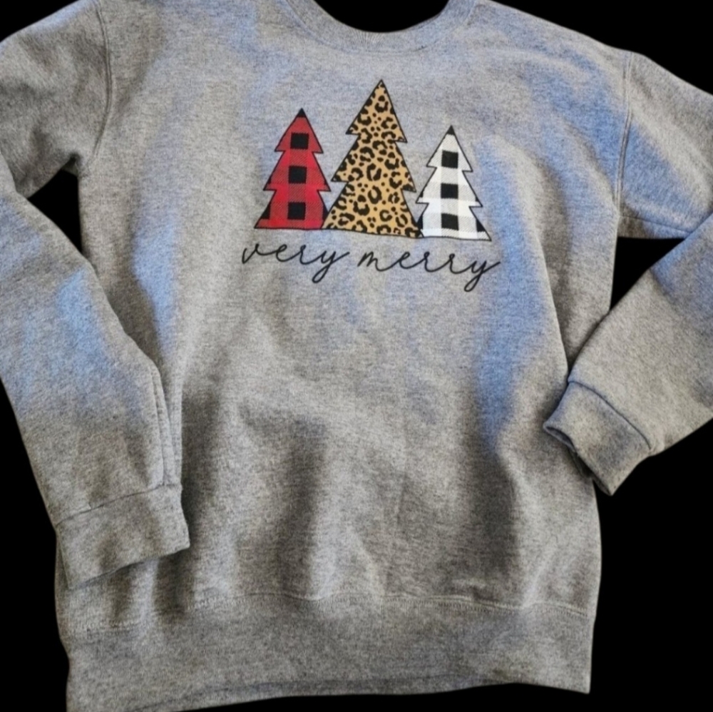 Girls' "Very Merry" Christmas Tree Sweatshirt Gray Buffalo Plaid Leopard Large